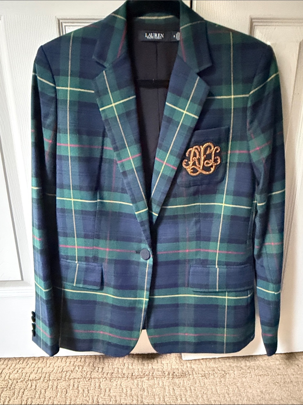 Lauren Ralph Lauren Navy & Green Plaid Tailored Blazer with Crest - Picture 7 of 17